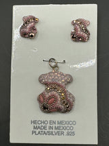 Teddy Bear Pink crystals. Pendant & Earrings .  Medium size