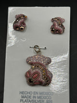 Teddy Bear Pink crystals. Pendant & Earrings .  Medium size