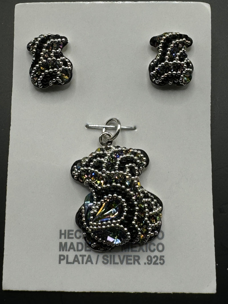 Teddy Bear Pendant & Earrings in black crystals . Small  size.