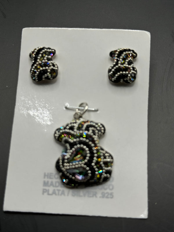 Teddy Bear Pendant & Earrings in black crystals . Small  size.