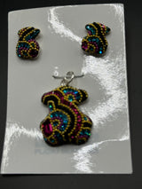 Teddy Bear Pendant & Earrings in gold & fuchsia iridescent crystals . Small size .