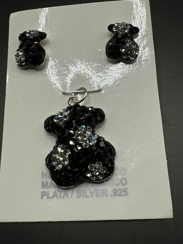 Teddy Bear Pendant & Earrings in black and iridescent crystals . Small size.