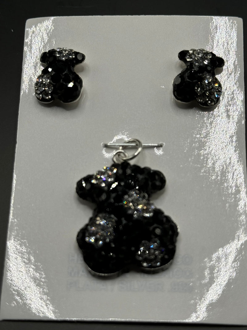 Teddy Bear Pendant & Earrings in black and iridescent crystals . Small size.