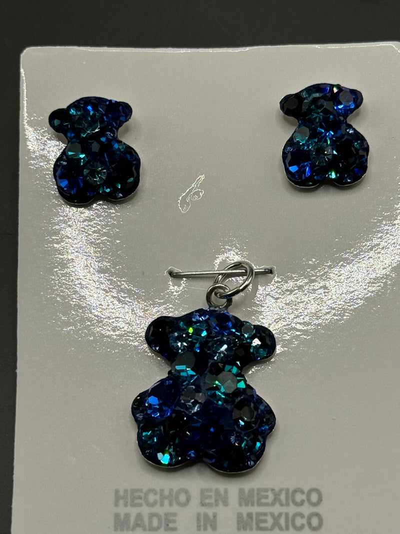 Teddy Bear Pendant & Earrings in Cobalt blue crystals . Small size .