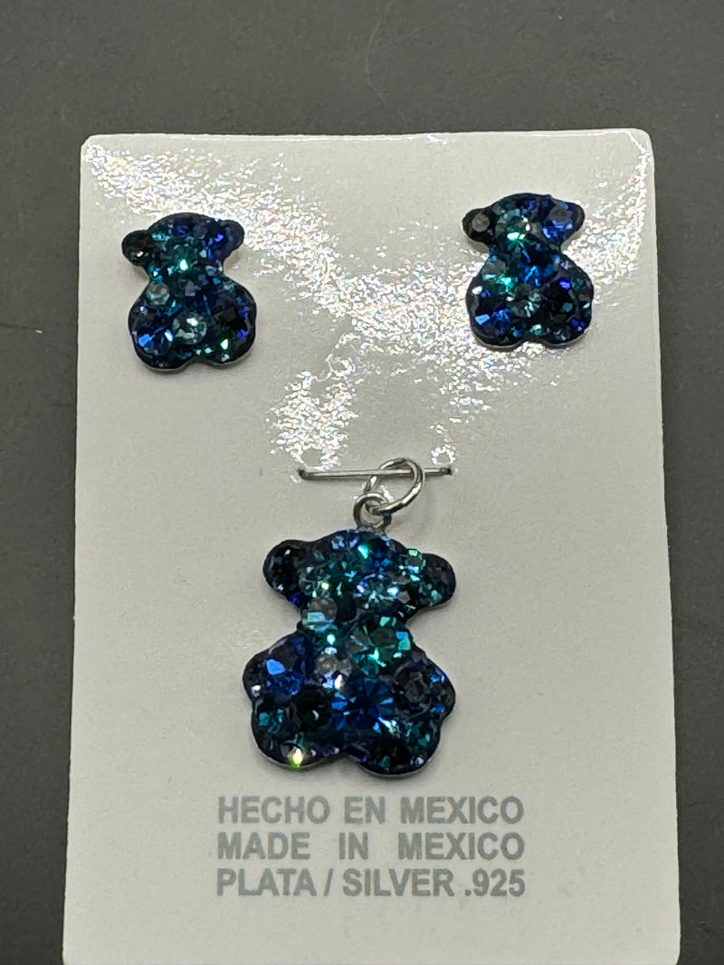 Teddy Bear Pendant & Earrings in Cobalt blue crystals . Small size .