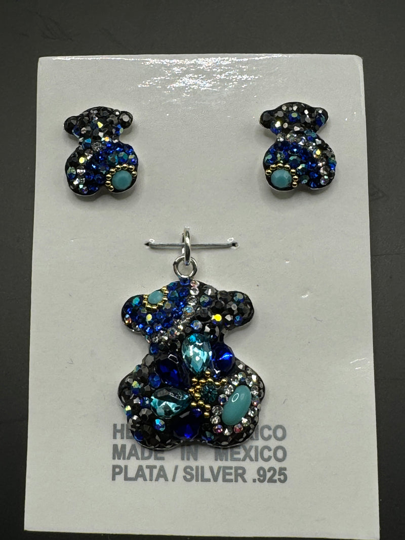 Teddy Bear Pendant & Earrings. Blue & Turquoise crystals . Small size