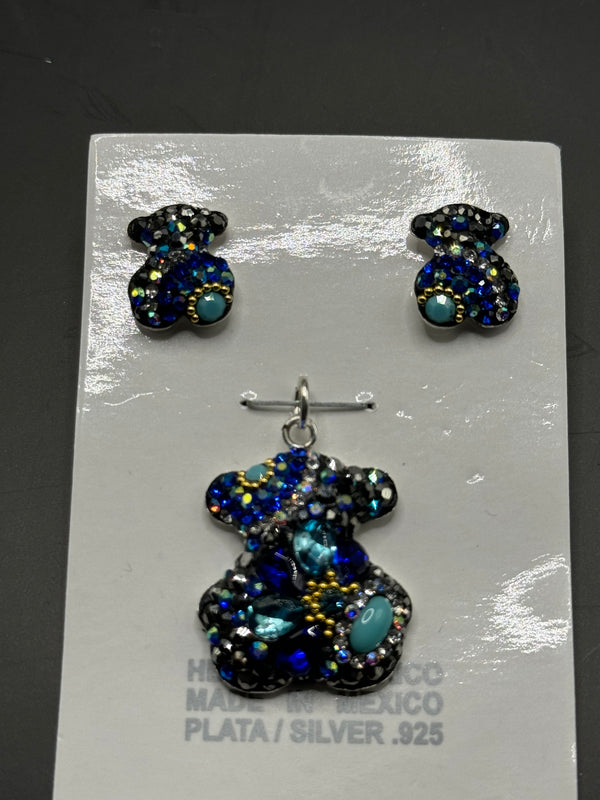 Teddy Bear Pendant & Earrings. Blue & Turquoise crystals . Small size