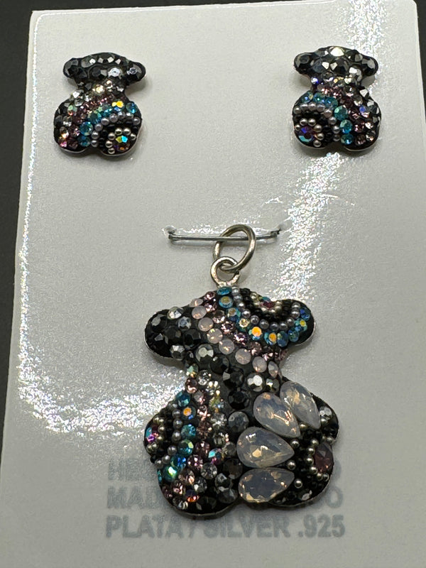 Teddy Bear Pendant & Earrings in iridescent crystals . Small size .