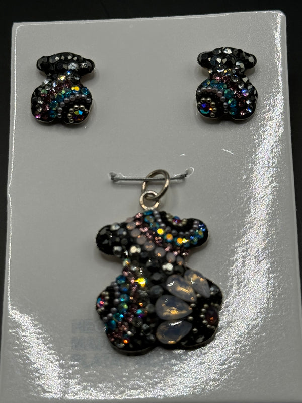 Teddy Bear Pendant & Earrings in iridescent crystals . Small size .