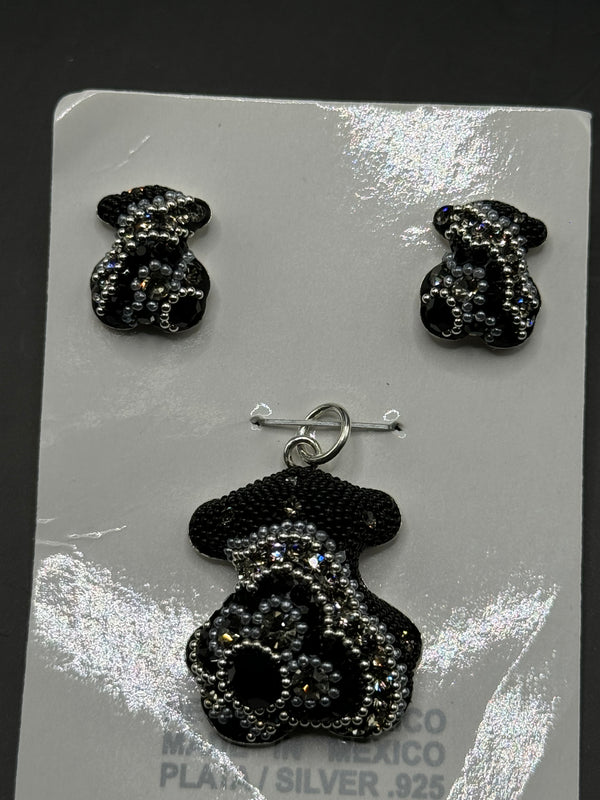 Teddy Bear Pendant & Earrings in black crystals. Small size .