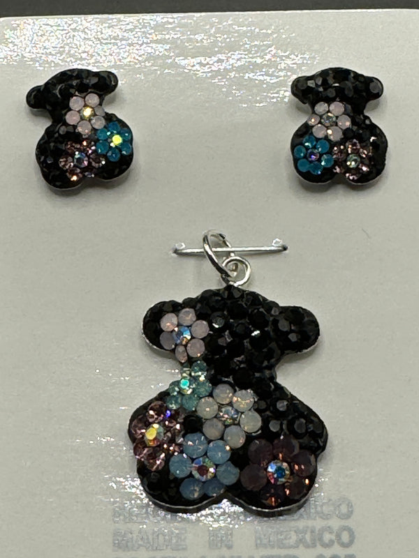 Teddy Bear Pendant & Earrings in blue flowers crystals . Small size .