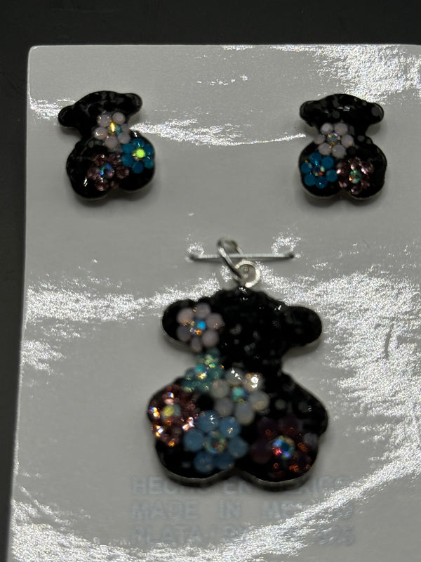 Teddy Bear Pendant & Earrings in blue flowers crystals . Small size .