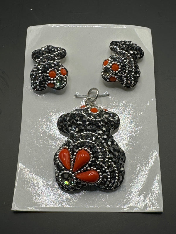 Teddy Bear Pendant & Earrings in coral crystals . Medium size