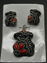 Teddy Bear Pendant & Earrings in coral crystals . Medium size