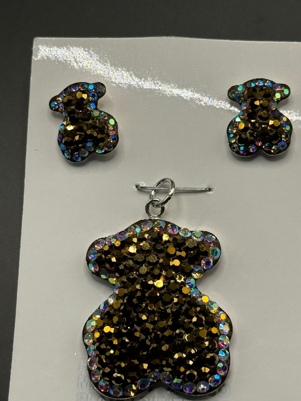 Teddy Bear Pendant & Earrings in gold color crystals . Medium size .