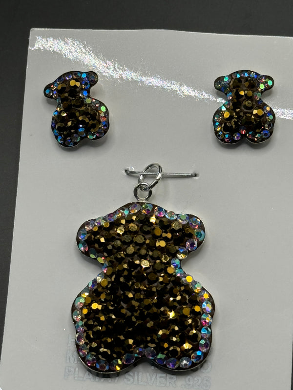 Teddy Bear Pendant & Earrings in gold color crystals . Medium size .