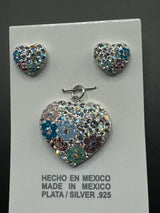 Heart Floral Pendant & Earrings in lite iridescent crystals . Medium size