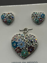 Heart Floral Pendant & Earrings in lite iridescent crystals . Medium size