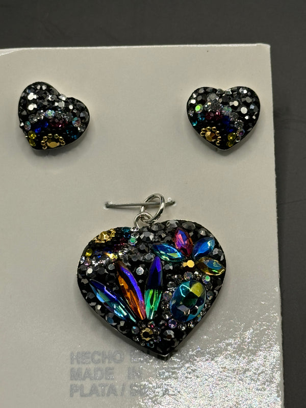 Heart Pendant & Earrings in brilliant colors of crystals . Medium size .