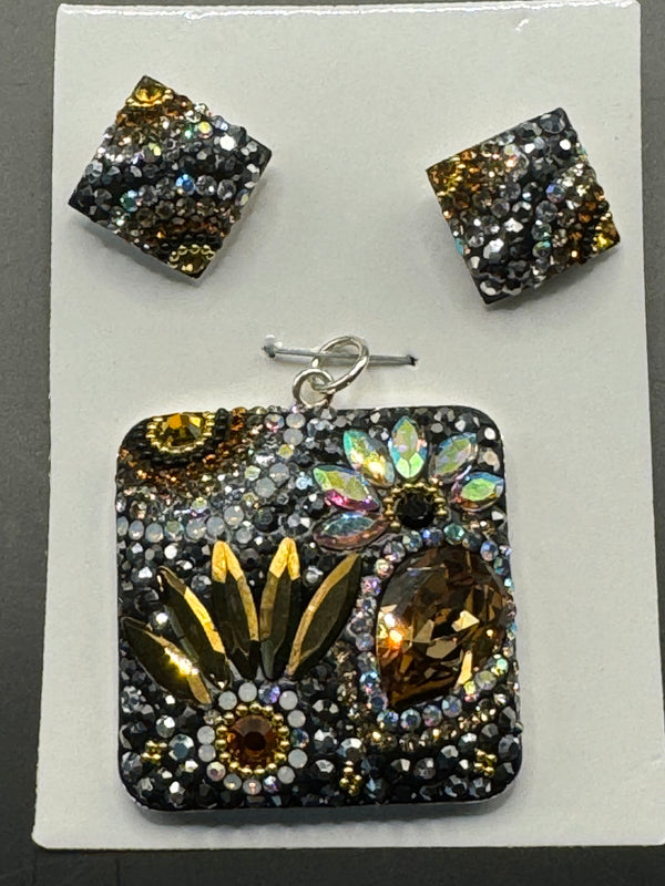 Square Florals Pendant & Earrings in gold color crystals . Large size .