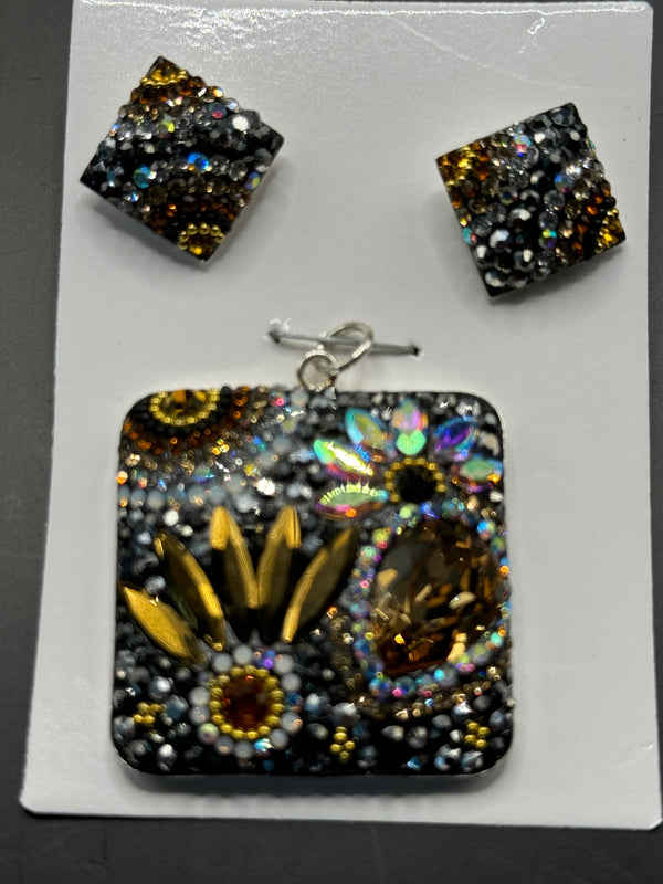 Square Florals Pendant & Earrings in gold color crystals . Large size .