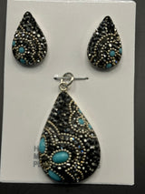 Paisley Pendant & Earrings in turquoise & black crystals . Large size .