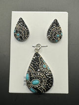 Paisley Pendant & Earrings in turquoise & black crystals . Large size .