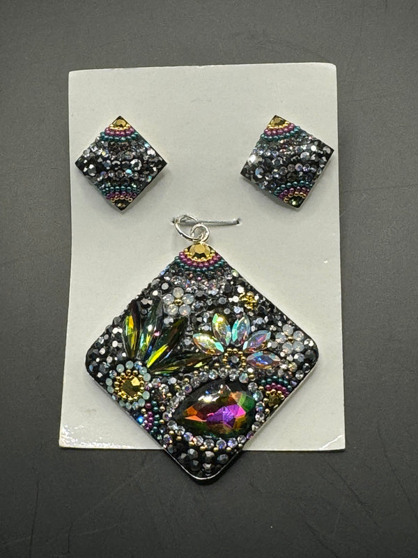 Square Pendant & Earrings in multi color crystals . Large size .