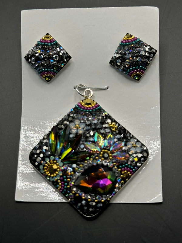 Square Pendant & Earrings in multi color crystals . Large size .