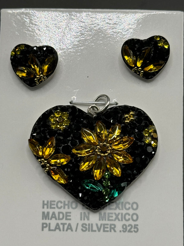 Heart Sunflowers Pendant & Earrings in yellow& black crystals .Medium size .