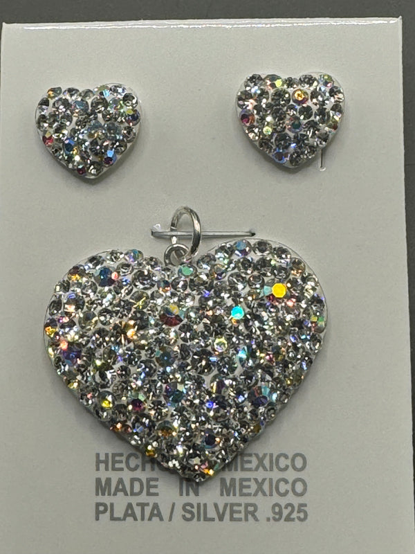 Heart Pendant & Earrings Clear crystals . Medium size . Sterling Silver .