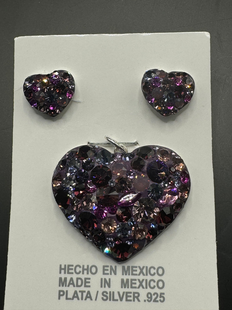 Heart Pendant & Earrings in amethyst crystals . Medium size. Sterling Silver .