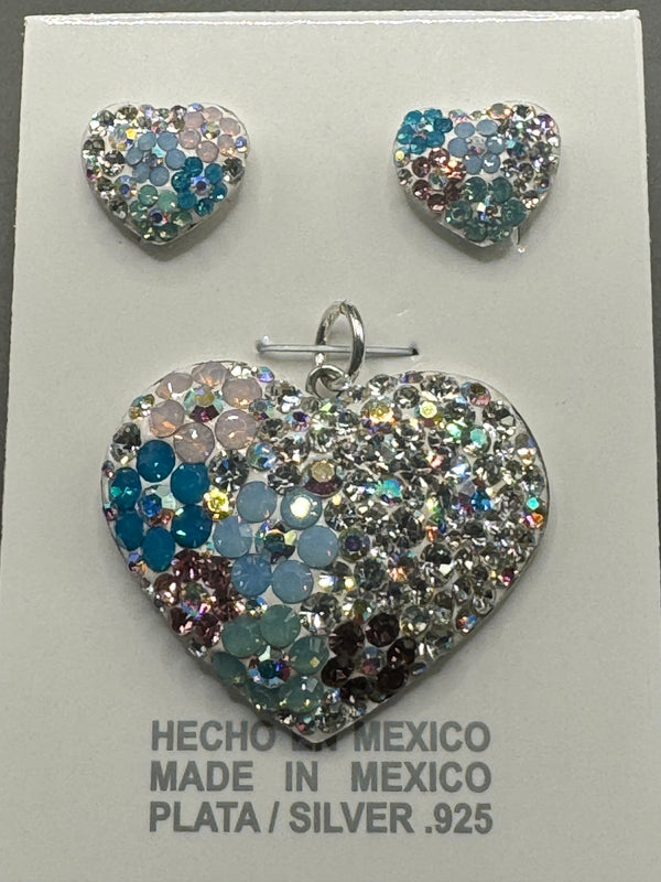 Heart Pendant & Earrings with flowers in blue iridescent crystals . Medium Size .