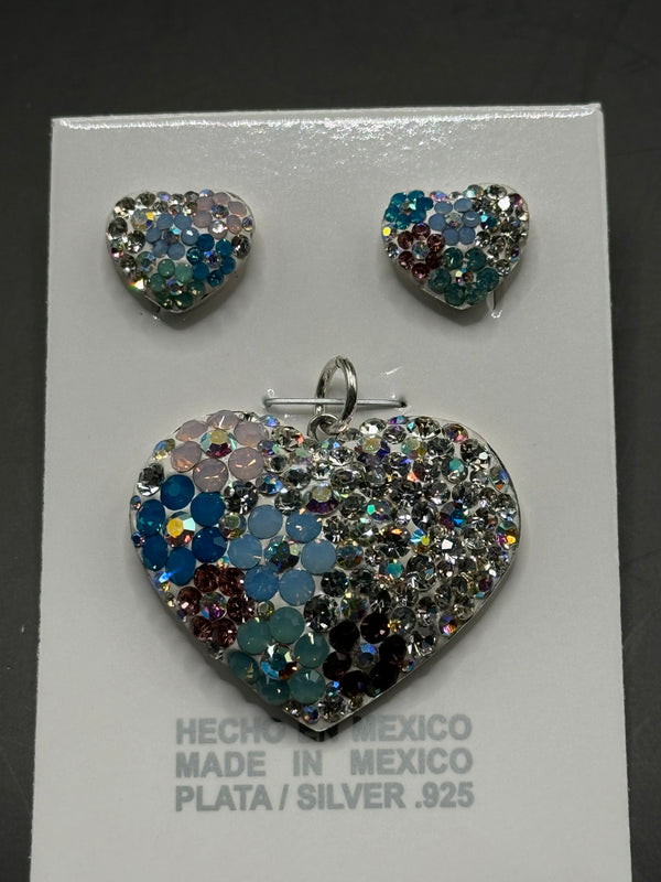 Heart Pendant & Earrings with flowers in blue iridescent crystals . Medium Size .