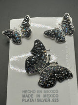 Butterfly Pendant & Earrings in black iridescent crystals . Medium Size.