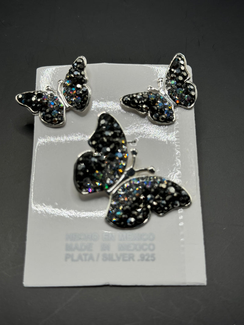 Butterfly Pendant & Earrings in black iridescent crystals . Medium Size.