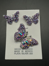 Butterfly Pendant & Earrings in lavender iridescent crystals . Medium size .