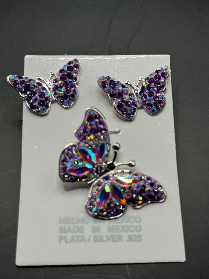 Butterfly Pendant & Earrings in lavender iridescent crystals . Medium size .