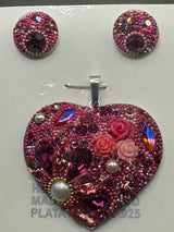 Jeweled Heart Pendant & Earrings in Fuchsia crystals.  Large size .