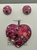 Jeweled Heart Pendant & Earrings in Fuchsia crystals.  Large size .