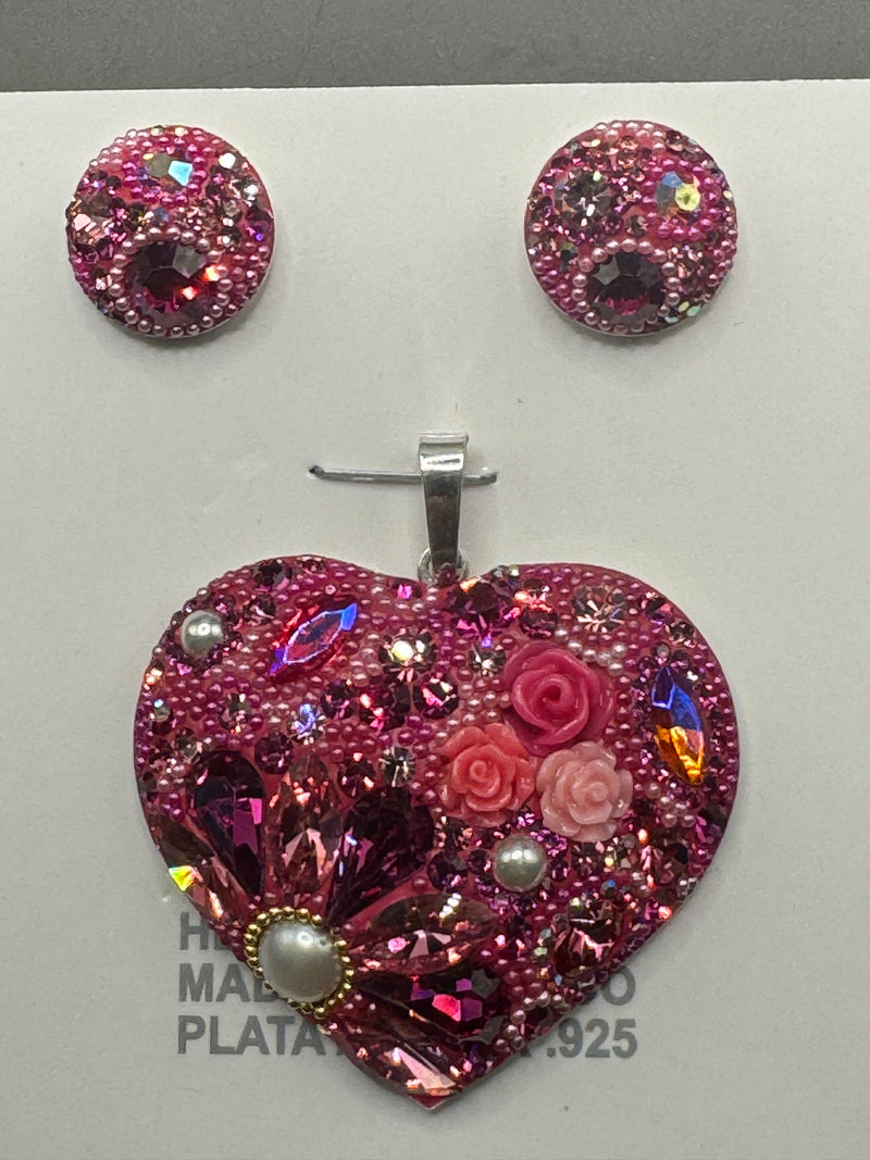 Jeweled Heart Pendant & Earrings in Fuchsia crystals.  Large size .