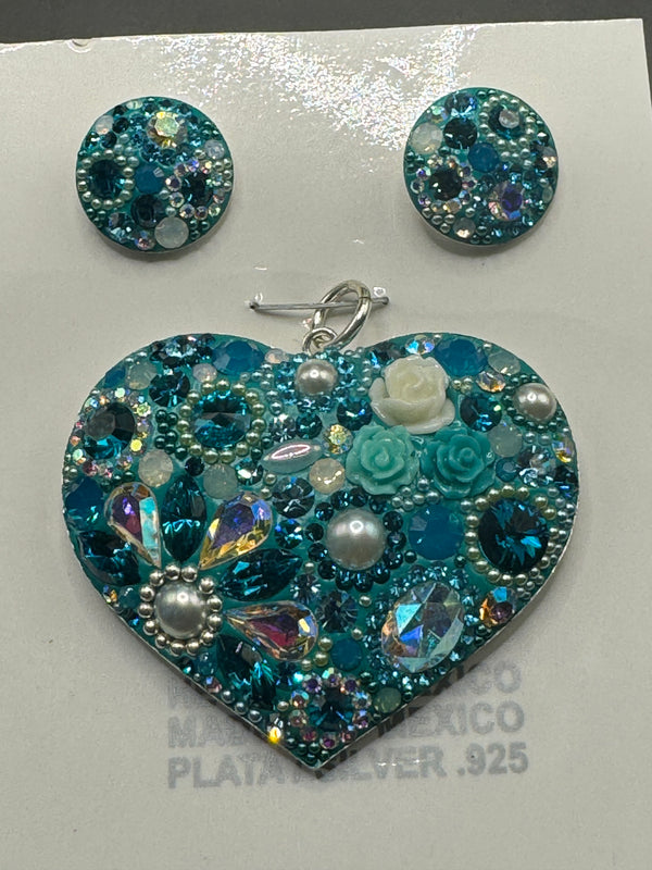 Floral Heart Pendant & Earrings in Turquoise Crystals and Pearl . Large size .