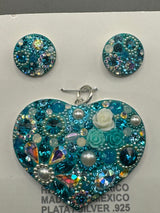 Floral Heart Pendant & Earrings in Turquoise Crystals and Pearl . Large size .