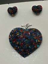 Deep Oranges & Blue crystals Heart Pendant & Earrings . Large size .