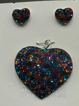 Deep Oranges & Blue crystals Heart Pendant & Earrings . Large size .