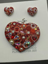 Fuchsia Crystals Heart Pendant & Earrings . Large size .