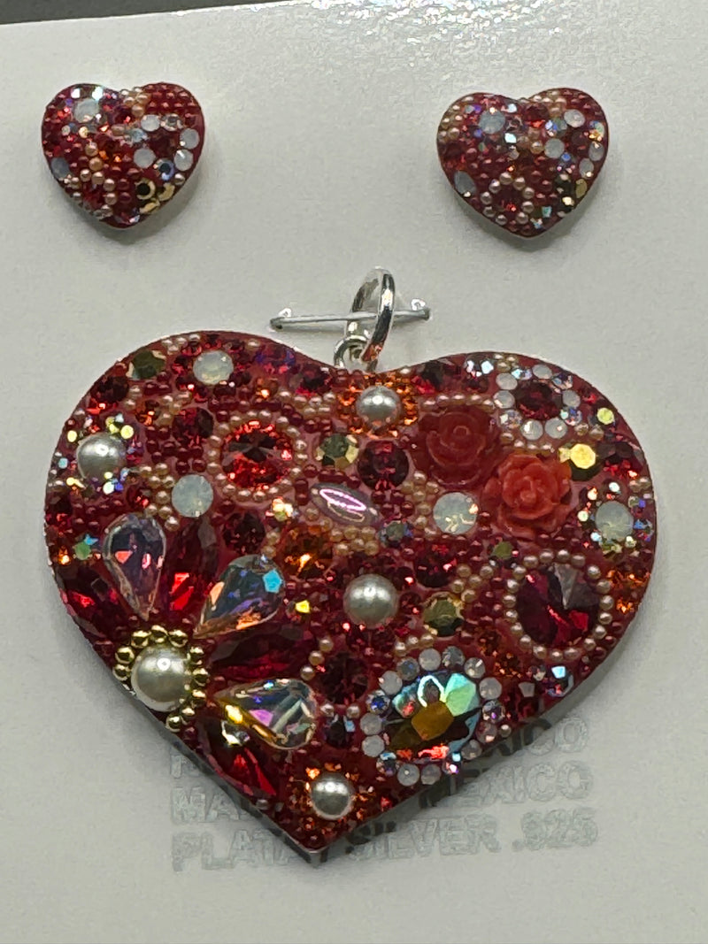 Fuchsia Crystals Heart Pendant & Earrings . Large size .