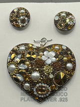 Gold crystal & peal floral Heart Pendant & Earrings . Large size .