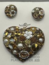 Gold crystal & peal floral Heart Pendant & Earrings . Large size .