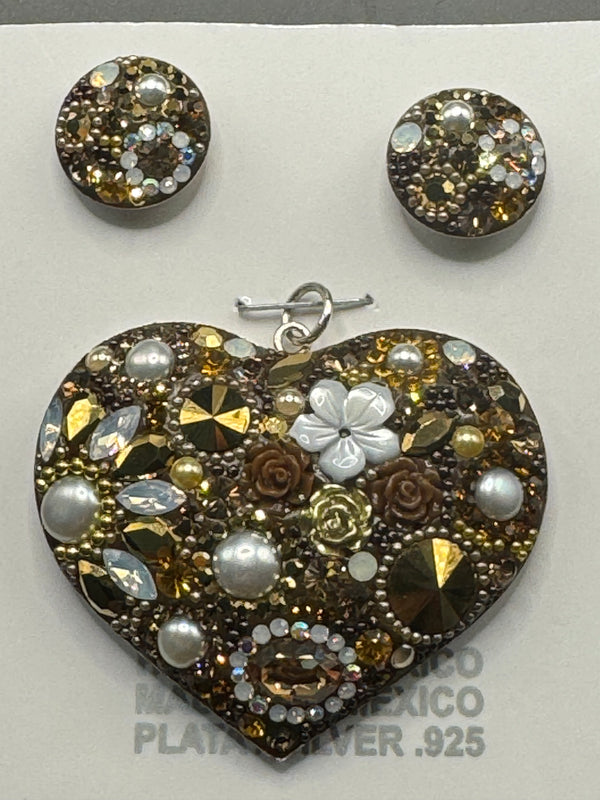 Gold crystal & peal floral Heart Pendant & Earrings . Large size .